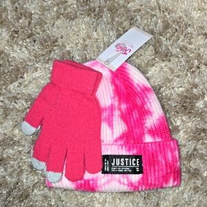Nwt Justice Pink and White Tie-Dye Beanie and Gloves